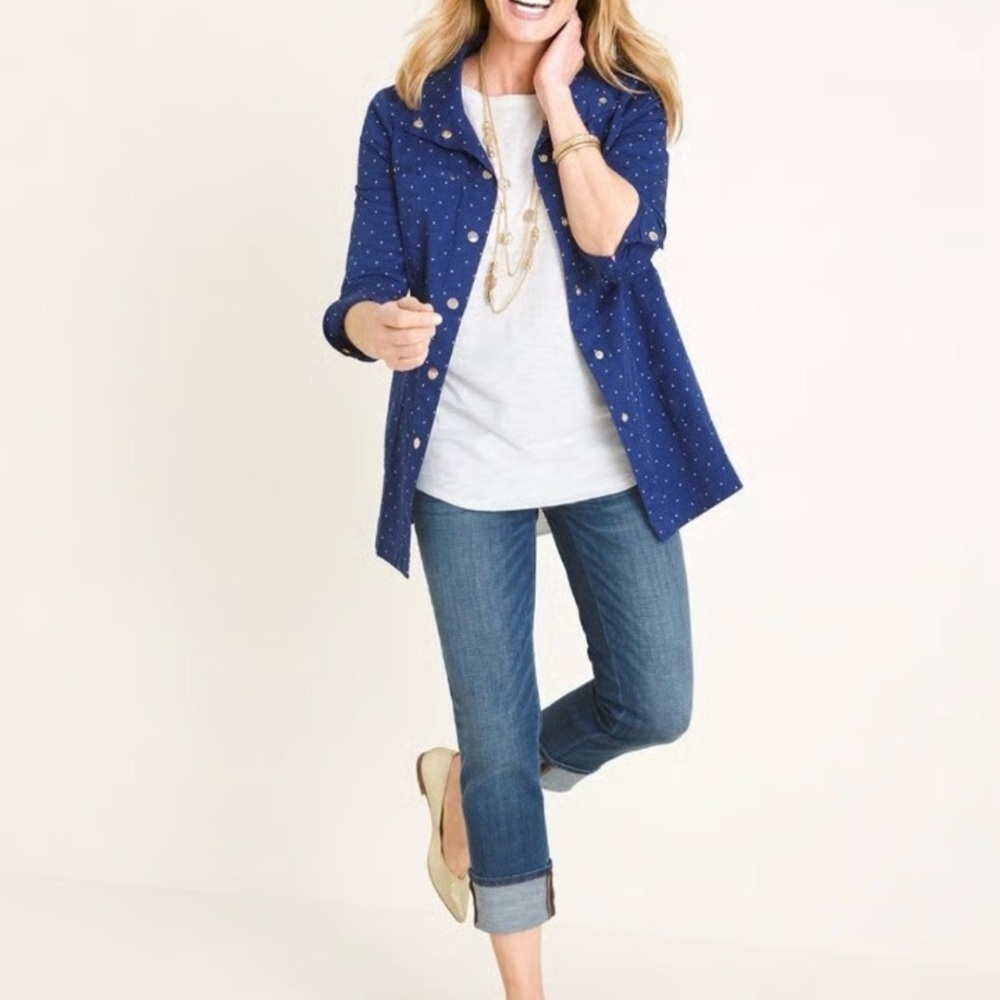 NWOT Chico's Luxe Twill Stylish Navy Blue With White Polka Dot Utility Jacket - Picture 3 of 15